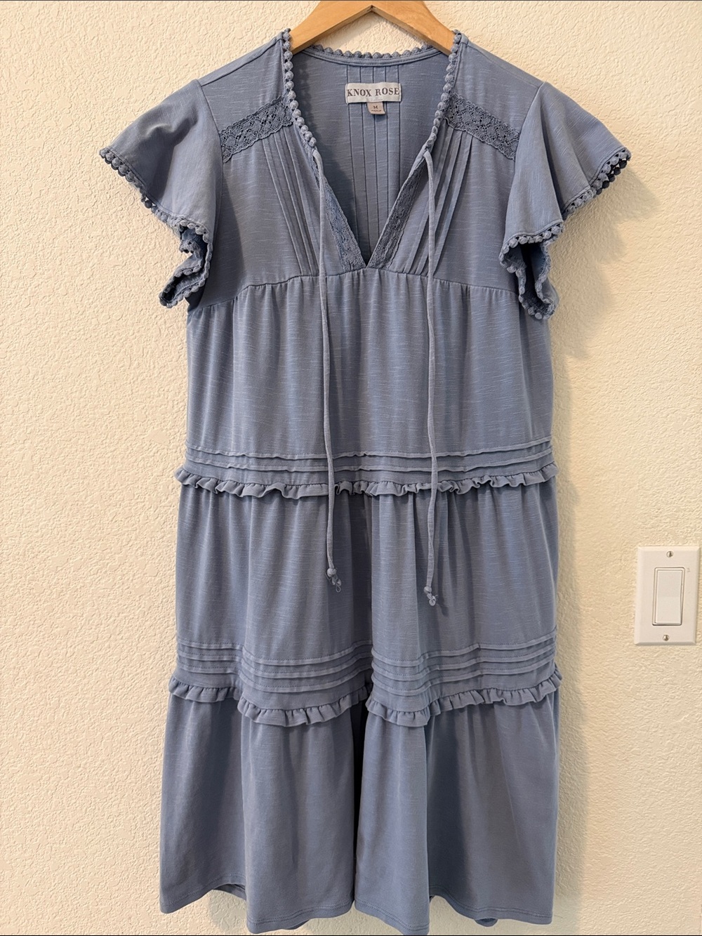 KnoxRose BlueGray Flutter Sleeve Tiered Cotton Blend Dress,Medium,Crochet Detail